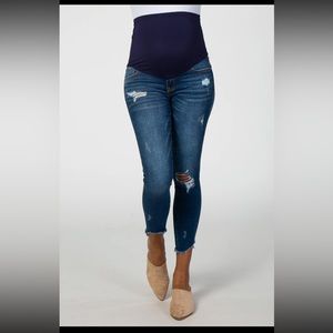 Pink blush maternity navy blue distressed frayed hem maternity jeans, size 30